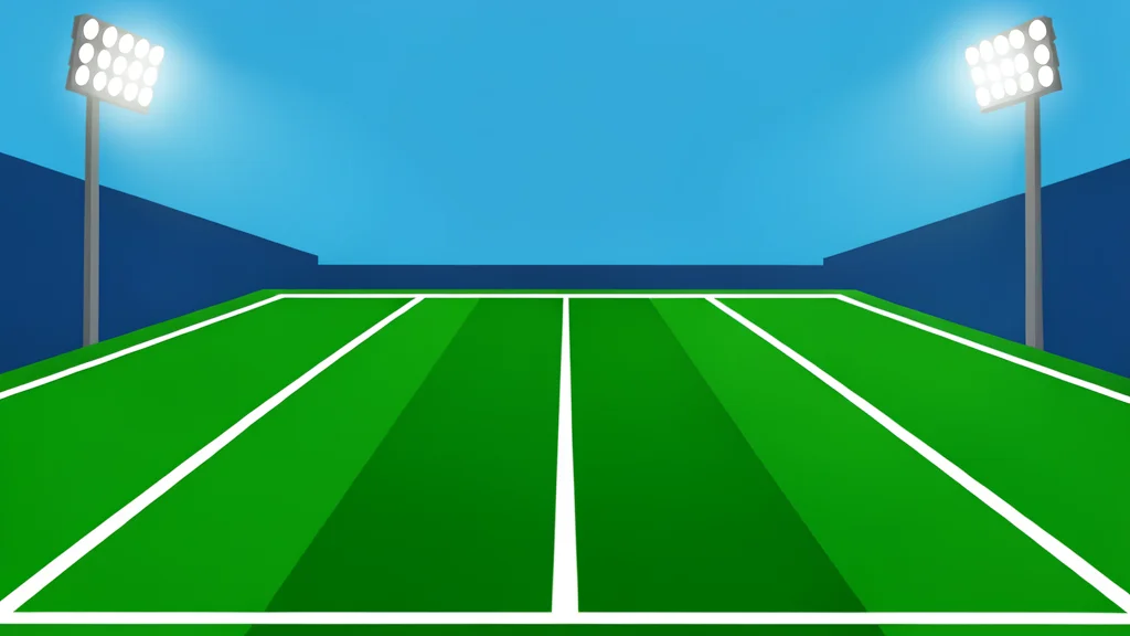 A green football field with white yard lines stretching into the distance under stadium lights