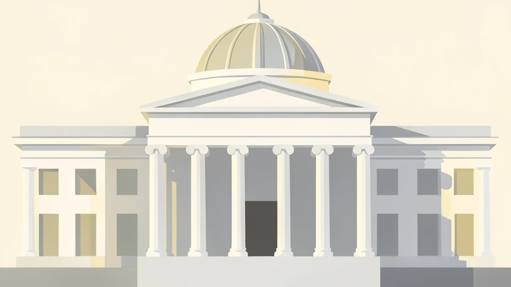 A large, ornate neoclassical building with tall columns and a dome, bathed in soft morning light