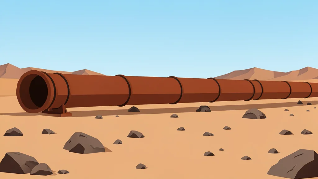 A long, rusted steel pipeline stretching across a dry, rocky desert landscape