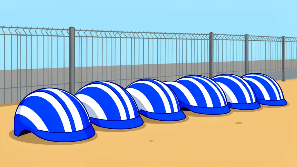 A row of blue and white striped helmets resting on sandy ground near a border fence.