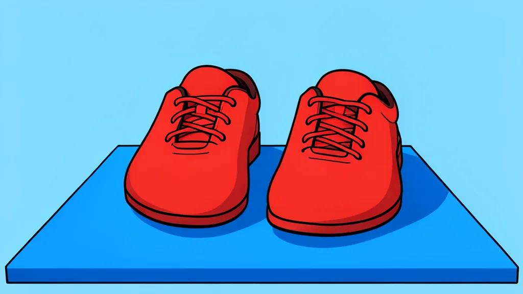 A pair of red wrestling shoes resting on a blue mat