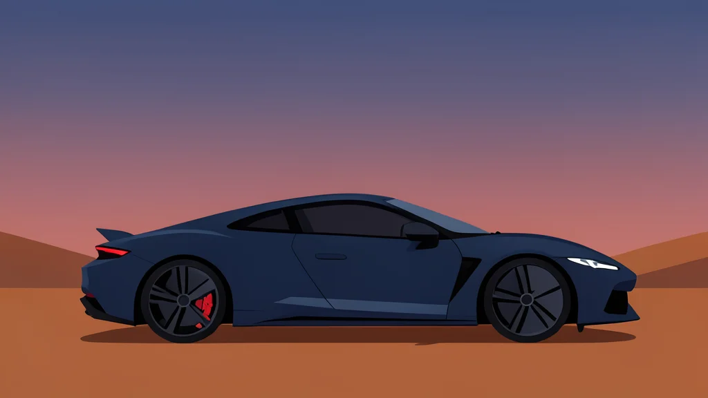 A sleek, low-profile electric sports car silhouette parked on a desert landscape at dusk