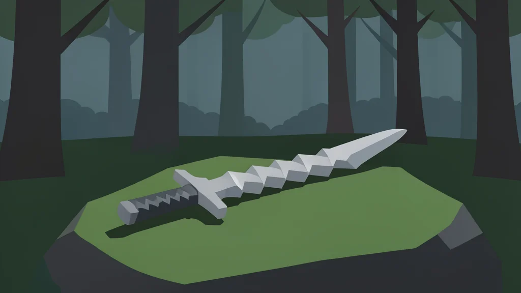 A jagged stone sword resting on a mossy rock in a dark forest clearing