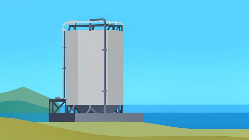 A large industrial gas storage tank standing in a coastal landscape