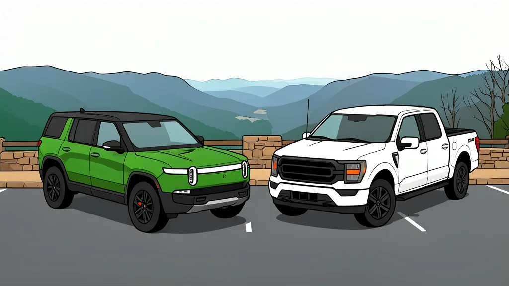 A modern electric SUV parked on a quiet suburban street next to a traditional pickup truck