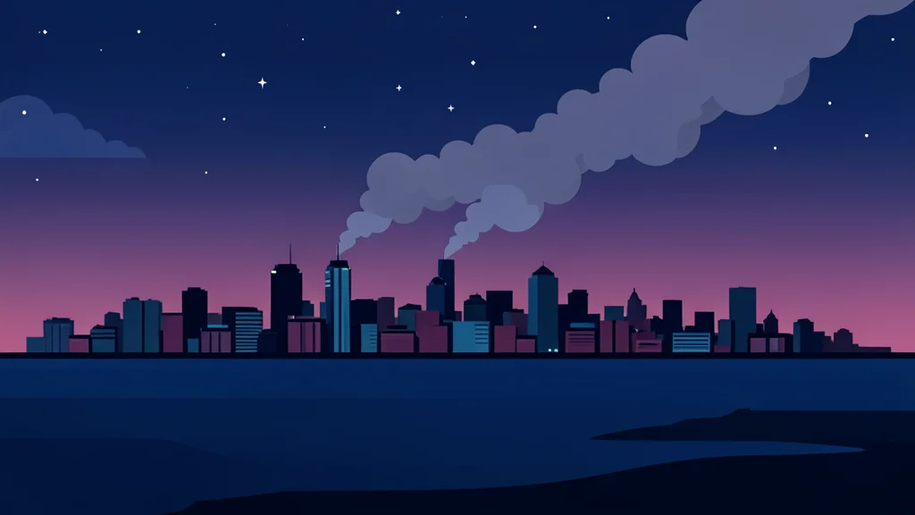 A coastal city skyline at night with smoke rising from the horizon
