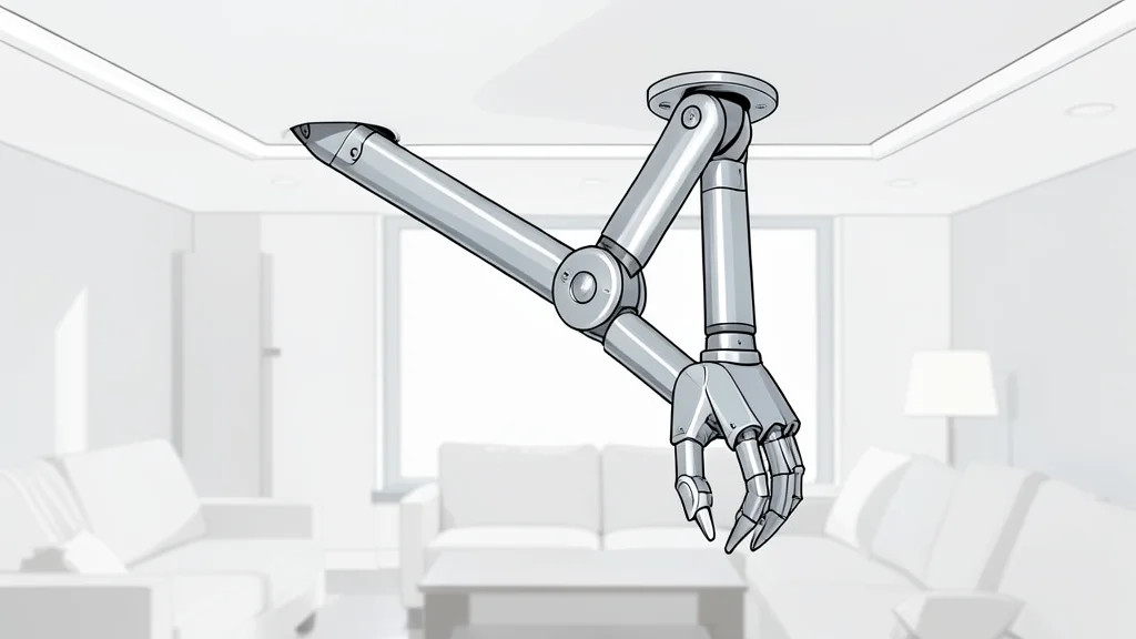 A sleek robotic arm with a claw-like hand extending from a white ceiling panel in a modern living room