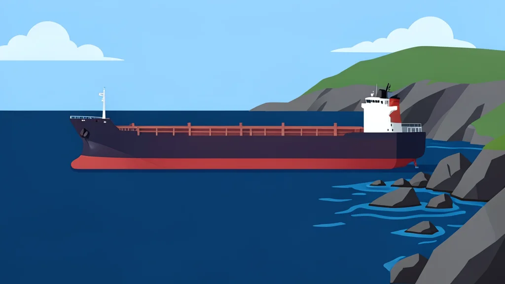 A large cargo ship floating on dark blue water near a rocky island coastline