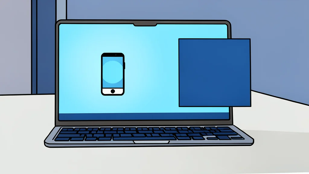 A sleek, silver laptop computer with a glowing screen displaying a simplified, abstract representation of a smartphone interface, sitting on a clean white desk.