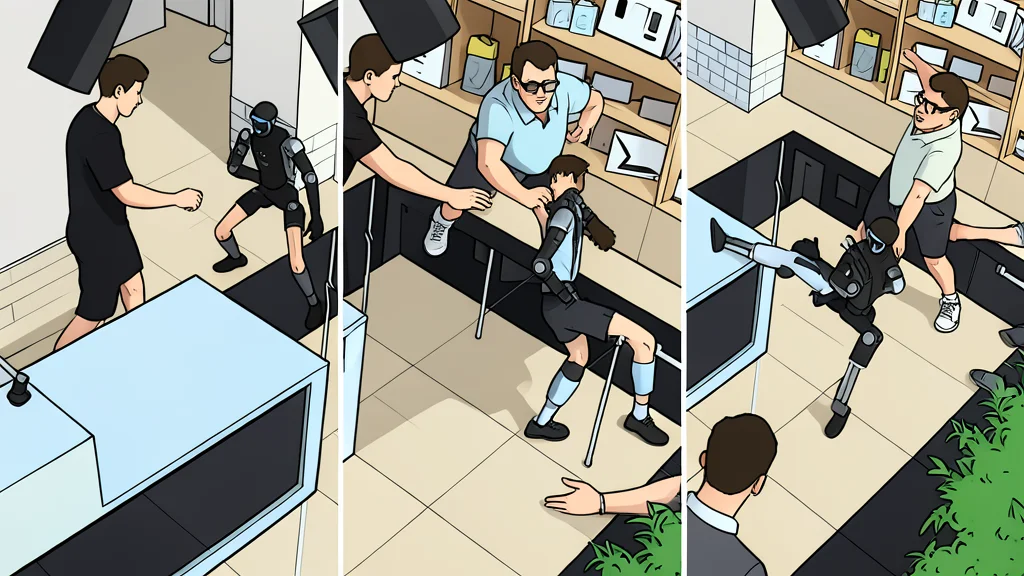 A sleek, silver humanoid robot standing in a wide stance on a polished store floor