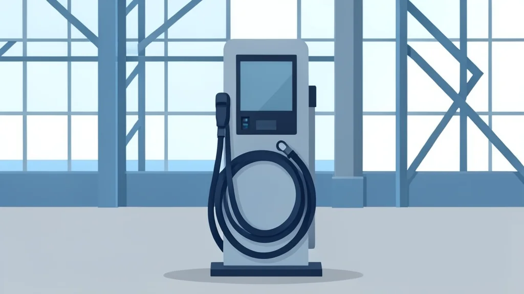 A sleek electric vehicle charging cable coiled on a stand in front of a modern industrial factory building.