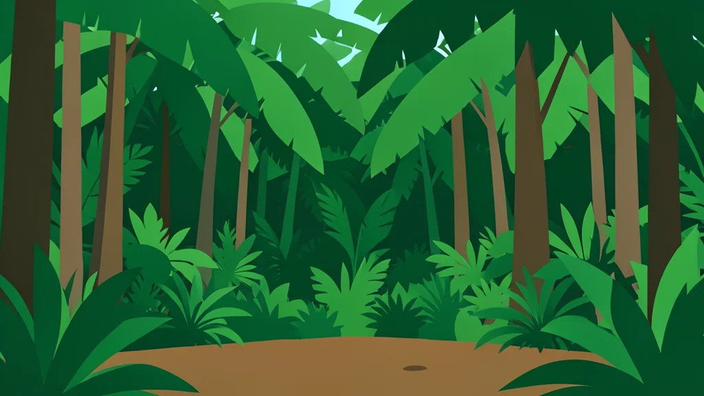 A dense tropical rainforest landscape with a small, cleared area of earth in the foreground