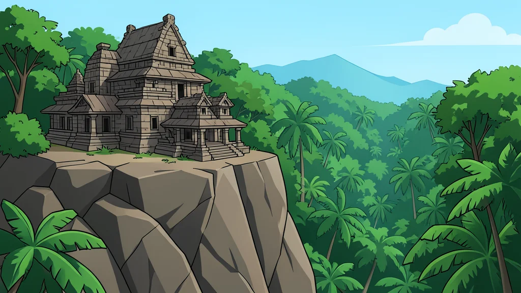 An ancient stone temple complex situated on a rocky cliff edge overlooking a dense jungle valley