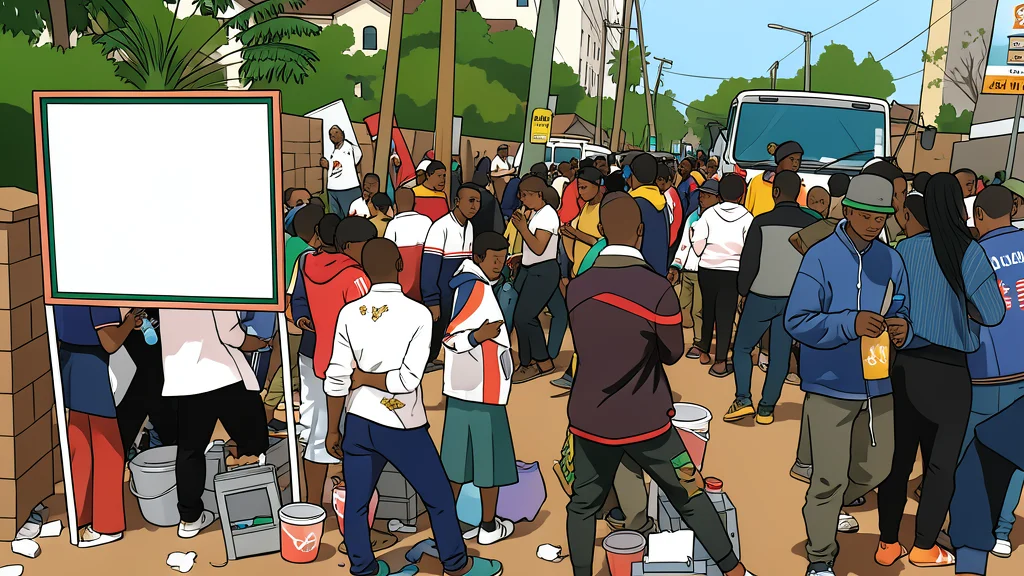 A busy market street in an African city with stalls selling fresh produce and goods