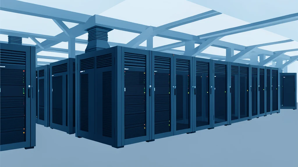 A vast, modern data center facility with rows of server racks and cooling systems