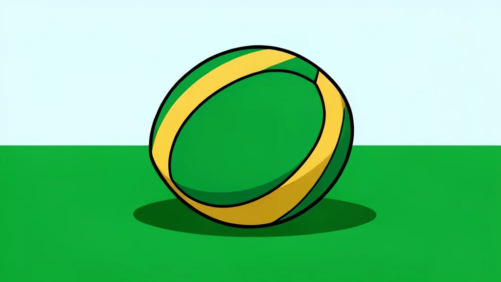 A green and gold football resting on a patch of artificial turf