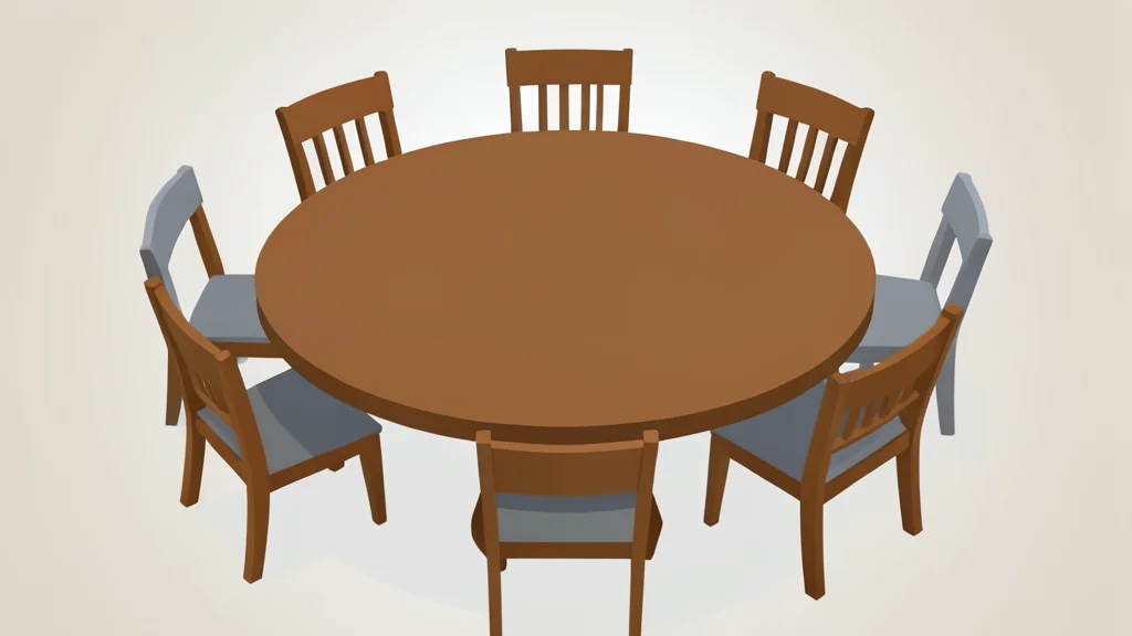 A large, circular wooden table with empty chairs arranged around it, symbolizing a multilateral negotiation space.
