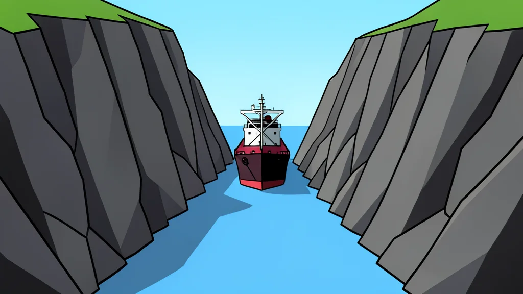 A narrow, rocky strait of water flanked by steep cliffs and a single oil tanker navigating through the channel