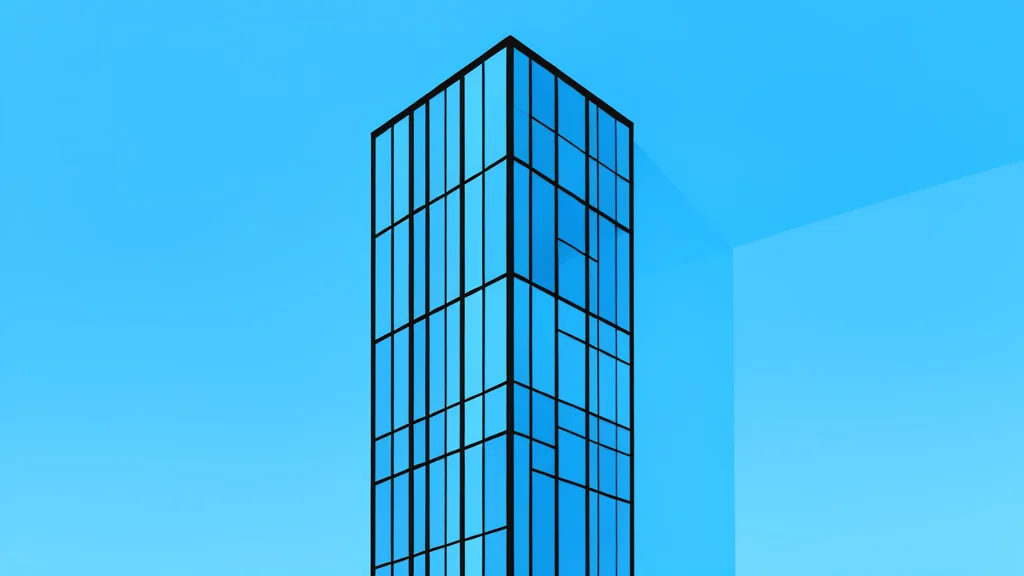 A modern glass skyscraper facade reflecting a clear blue sky