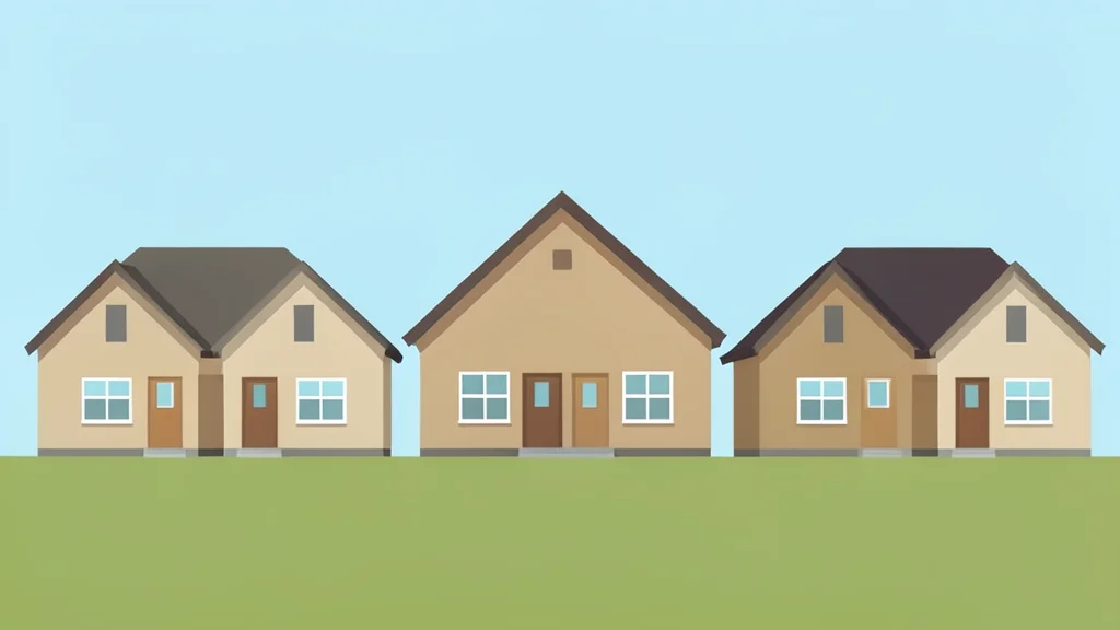 A row of suburban houses with pitched roofs and front yards
