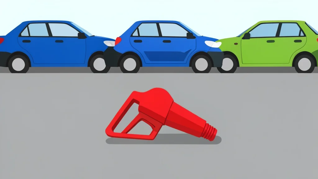 A fuel pump nozzle resting on a concrete surface next to a row of parked cars