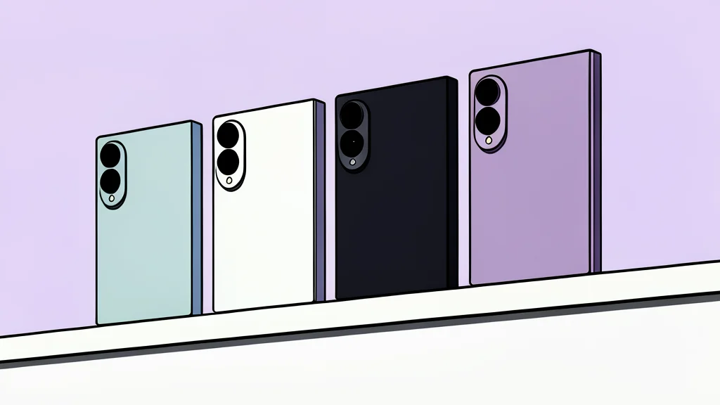 A sleek smartphone with a flexible screen partially folded in half, resting on a smooth surface