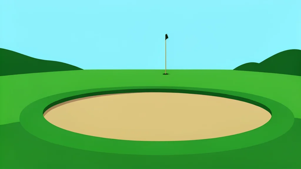 A manicured green golf course with a sand bunker and a flagstick in the distance