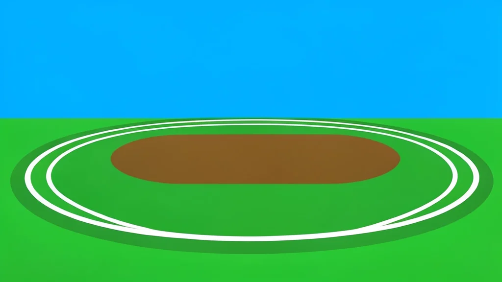 A green grassy racetrack oval with white boundary lines and a dirt infield under a clear sky