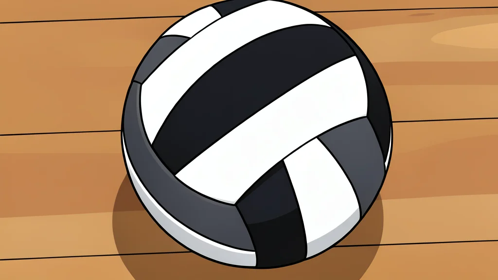 A white volleyball resting on a polished wooden gymnasium floor