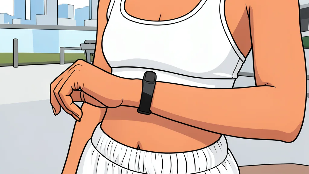 A sleek black wristband with a small circular sensor resting on a wooden table next to a glass of water.
