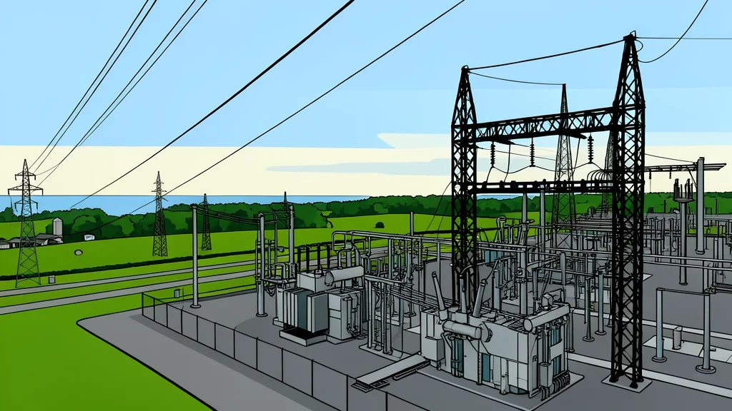 A high-voltage transmission tower standing in a green field