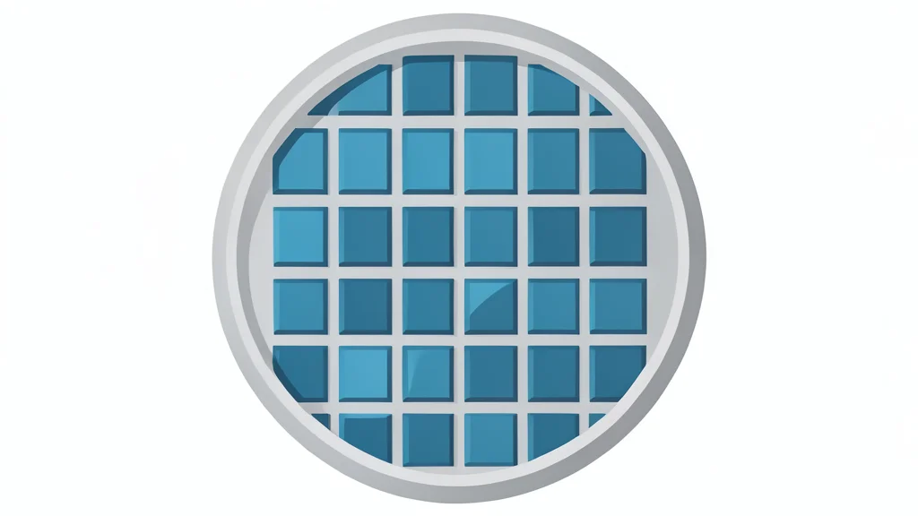 A close-up view of a silicon wafer with a grid of square chips