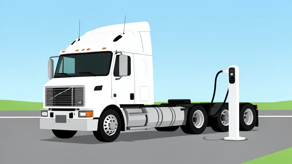 A white electric semi-truck connected to a tall charging station on a highway.