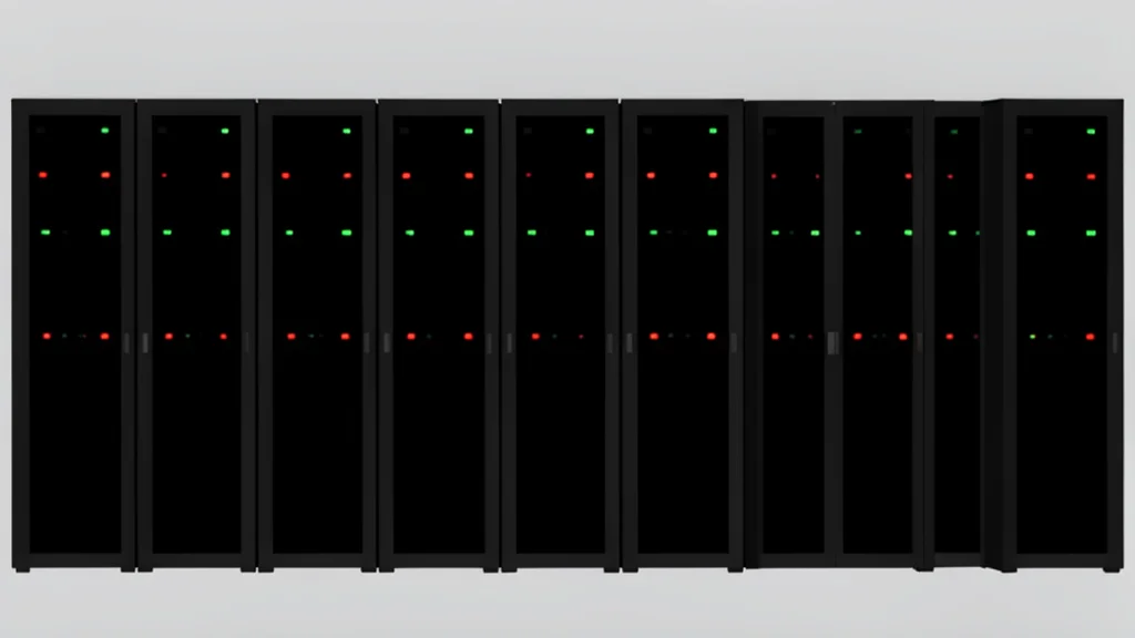 A vast industrial server room featuring rows of black cabinets and blinking status lights.