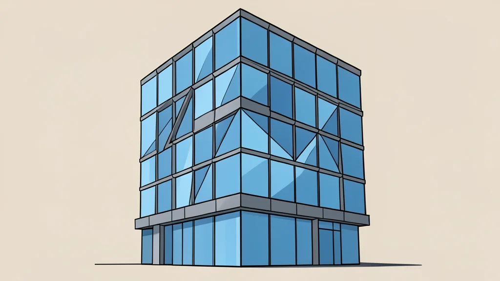 A modern glass office building with a geometric facade