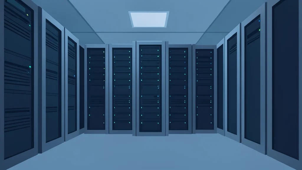 A dense cluster of server racks in a dimly lit data center corridor