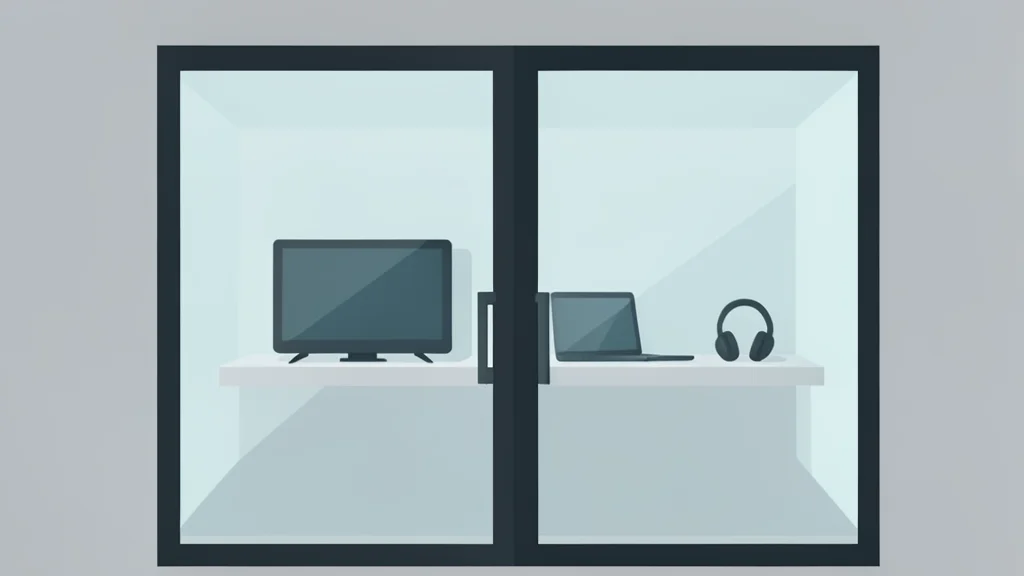 A modern retail store entrance with glass doors and a display of consumer electronics inside