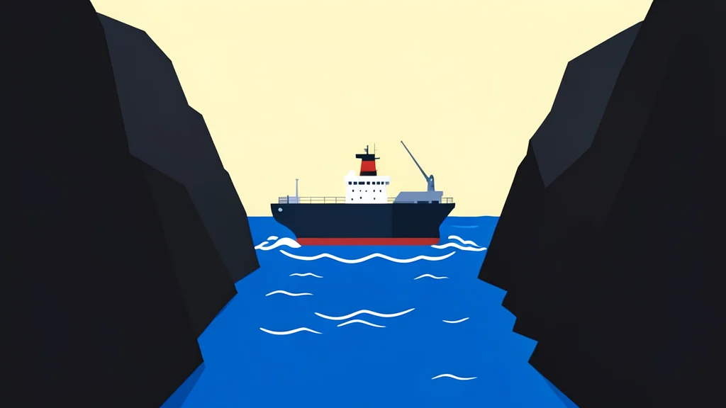 A large oil tanker ship navigating through a narrow, rocky strait