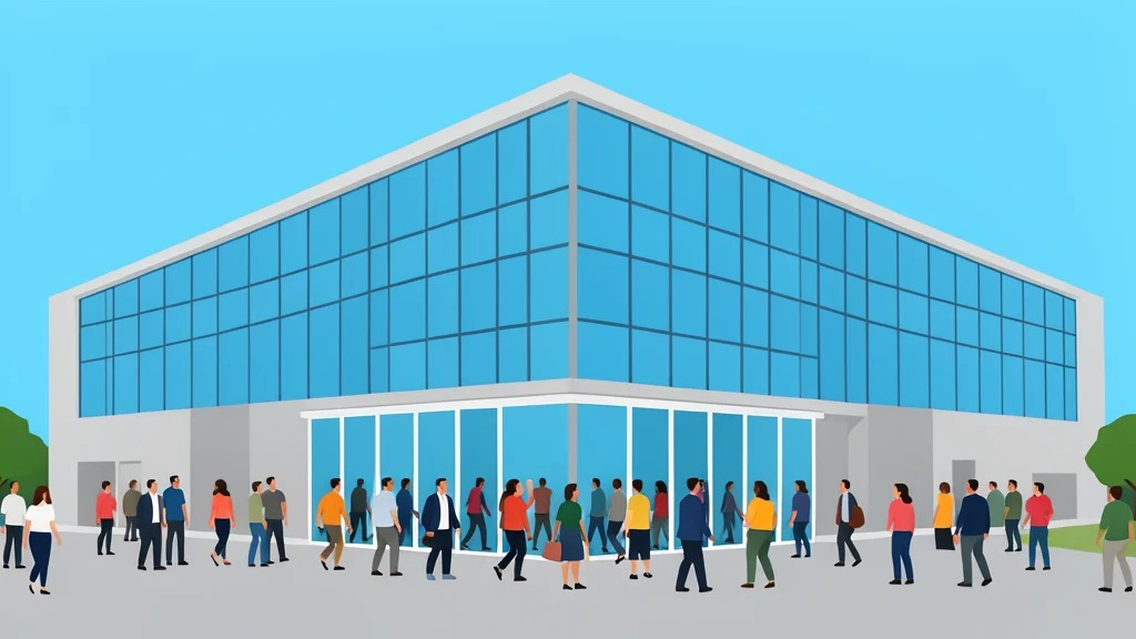 A large modern convention center exterior with glass walls and a crowd of people entering through automatic doors
