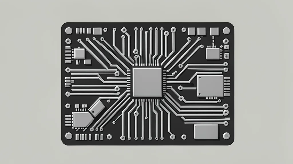 A flat vector illustration of a complex circuit board with intricate pathways and microchips.