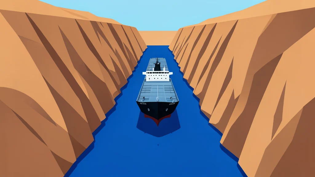 A narrow, deep blue waterway flanked by steep, arid cliffs, with a large tanker ship navigating through the center