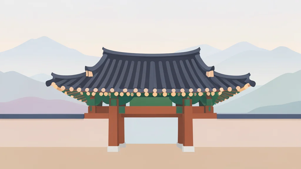 A traditional Korean palace gate with curved tiled roofs set against a misty mountain landscape