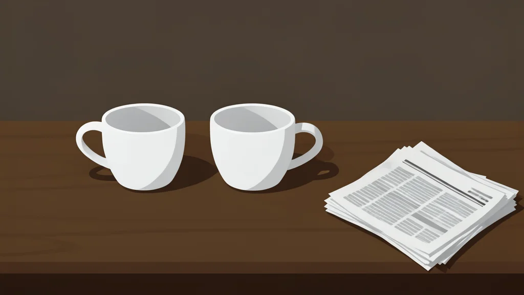 A dimly lit coffee table with two empty ceramic cups and a scattered pile of newspapers