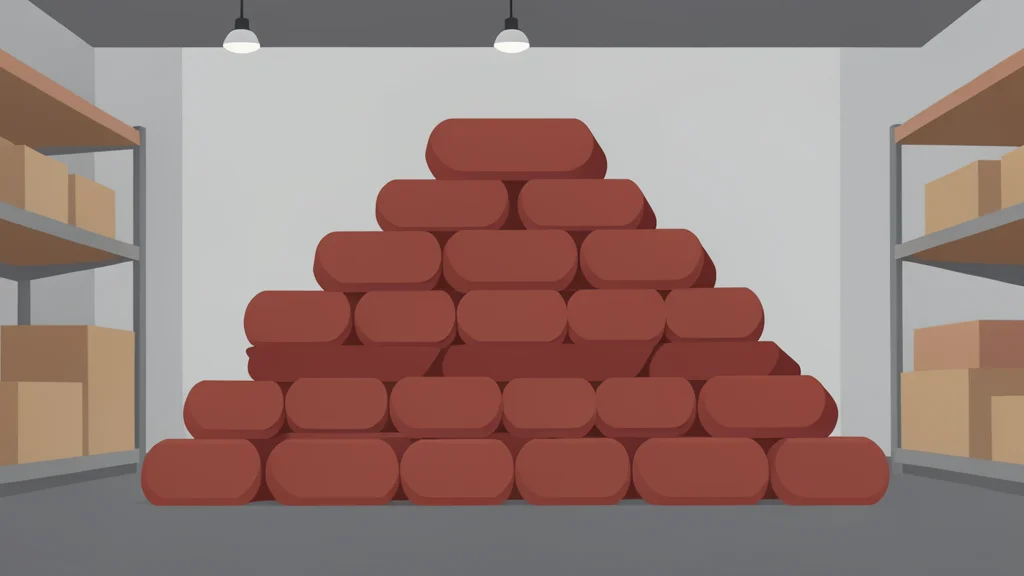 A pile of shiny, reddish-brown metal ingots stacked in a warehouse