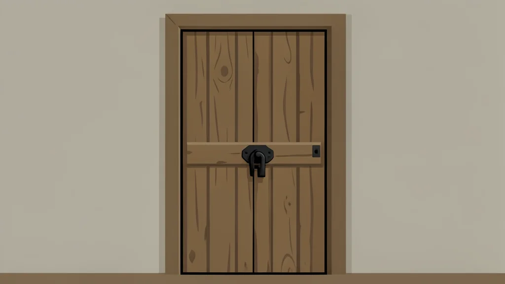 A weathered wooden door with a heavy iron lock, set against a plain wall