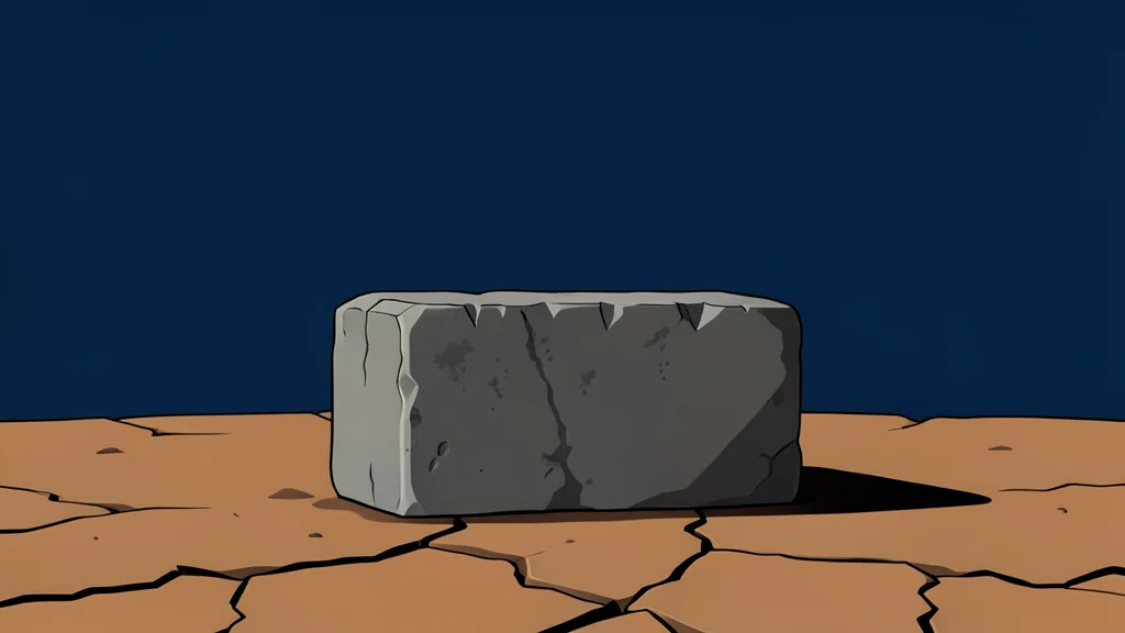 A solitary, weathered stone block sitting on a dusty, cracked earth surface under a harsh, shadowless sky.
