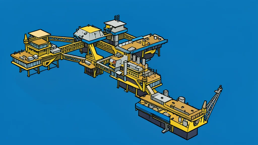 An offshore oil platform with industrial pipes and turbines standing in the sea