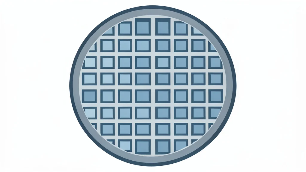 A close-up view of a silicon wafer with a grid of square integrated circuits