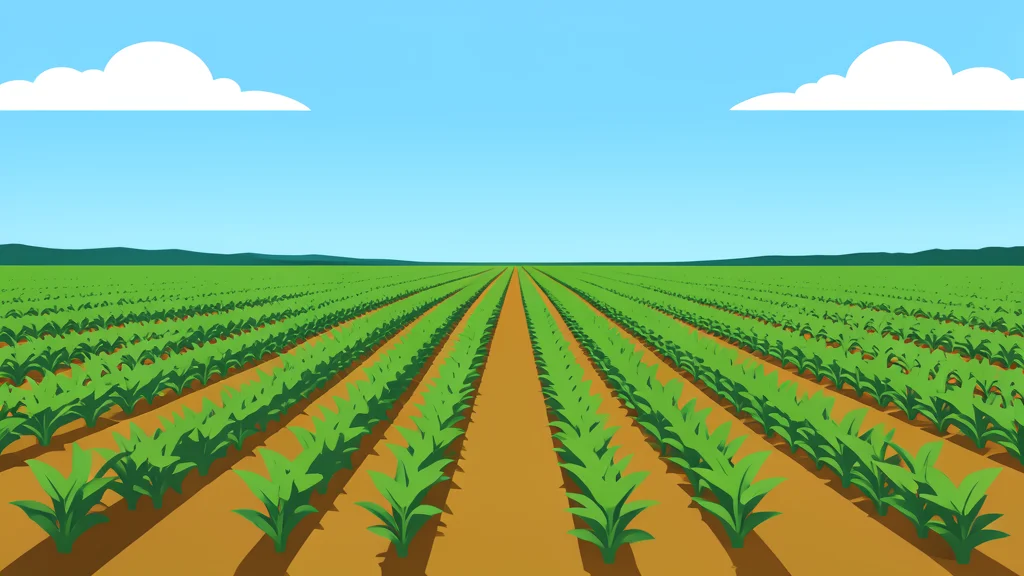 A vast, open agricultural field with rows of crops stretching toward the horizon under a bright sky