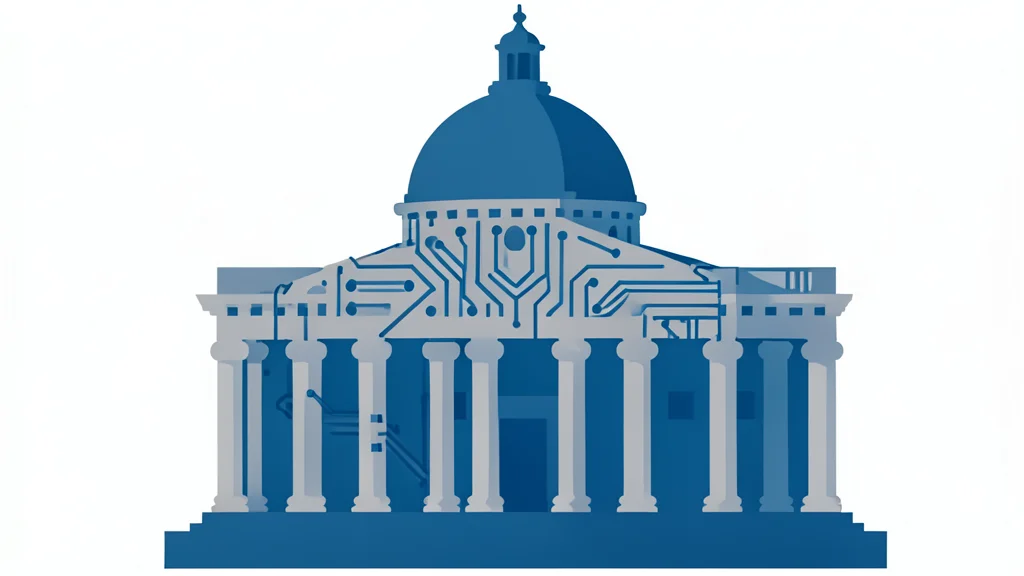 A digital circuit board pattern merging with a silhouette of a government building